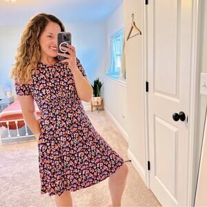 Boden Navy Blue Pink Retro Floral Jersey Mini Dress 6R